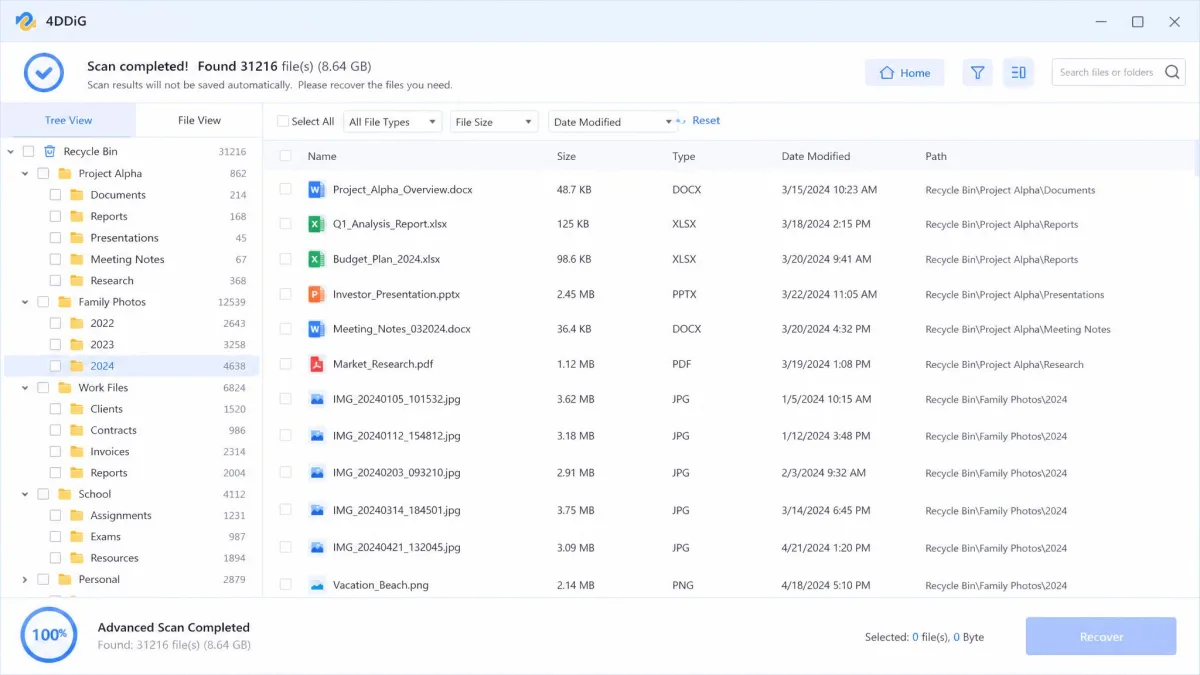 4DDiG scan results listing recovered documents and images from an emptied Windows Recycle Bin, with original folder names still visible in the tree.