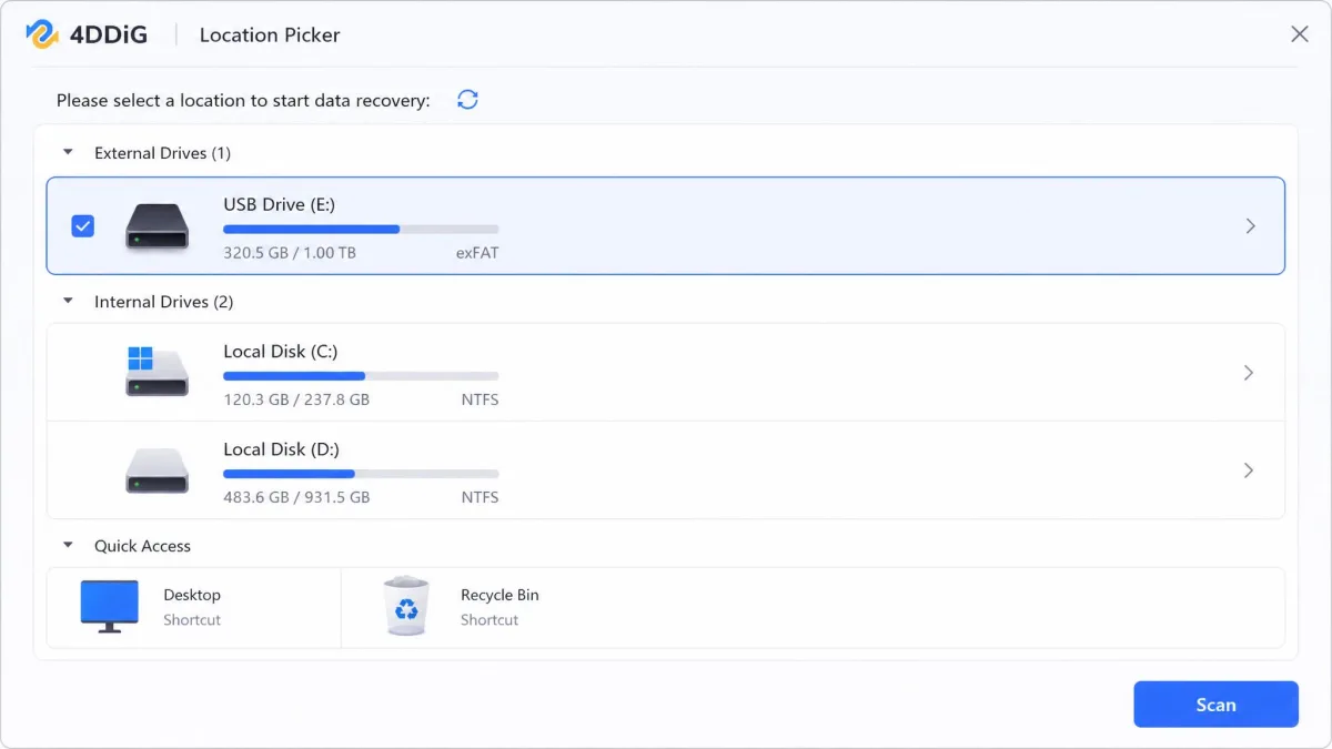 4DDiG location picker with an external USB drive highlighted and shortcut targets for Desktop and Recycle Bin shown beneath the drive list.