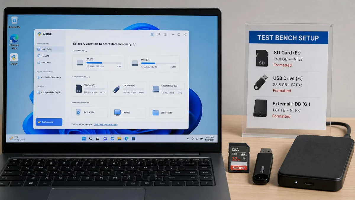 Test bench setup showing a Windows 11 desktop running 4DDiG next to a formatted SD card, a USB flash drive and an external hard drive used in the recovery scenarios.