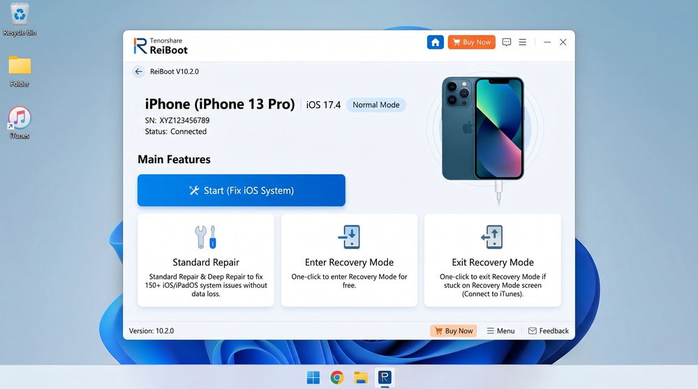 ReiBoot home screen on Windows after detecting a connected iPhone, showing Start, Enter Recovery Mode, and Exit Recovery Mode options.