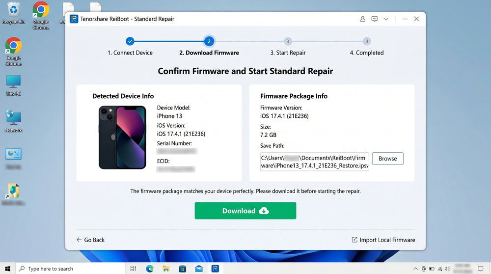 ReiBoot firmware confirmation step showing the detected iPhone model and a Download button before starting Standard Repair.