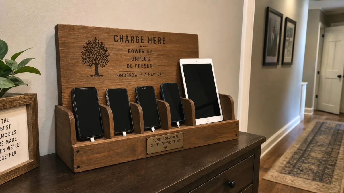 A wooden charging station in a hallway with several phones and a tablet docked overnight, away from bedrooms.