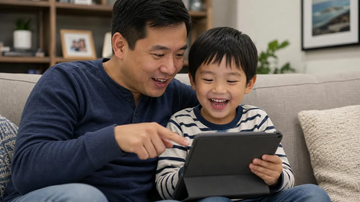 A parent and a young child sitting on a couch watching a tablet together, the parent pointing at the screen while the child laughs.