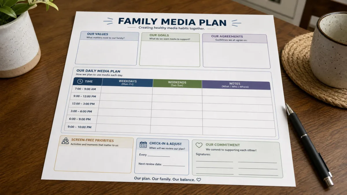 A printed family media plan template on a kitchen table with a pen, with blank zones and times ready to fill in.