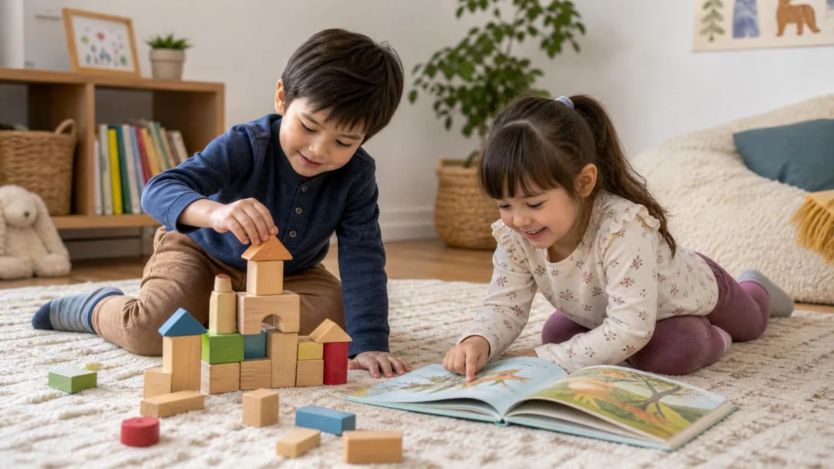 Two children playing with wooden blocks and a picture book on a rug, with no screens in sight.