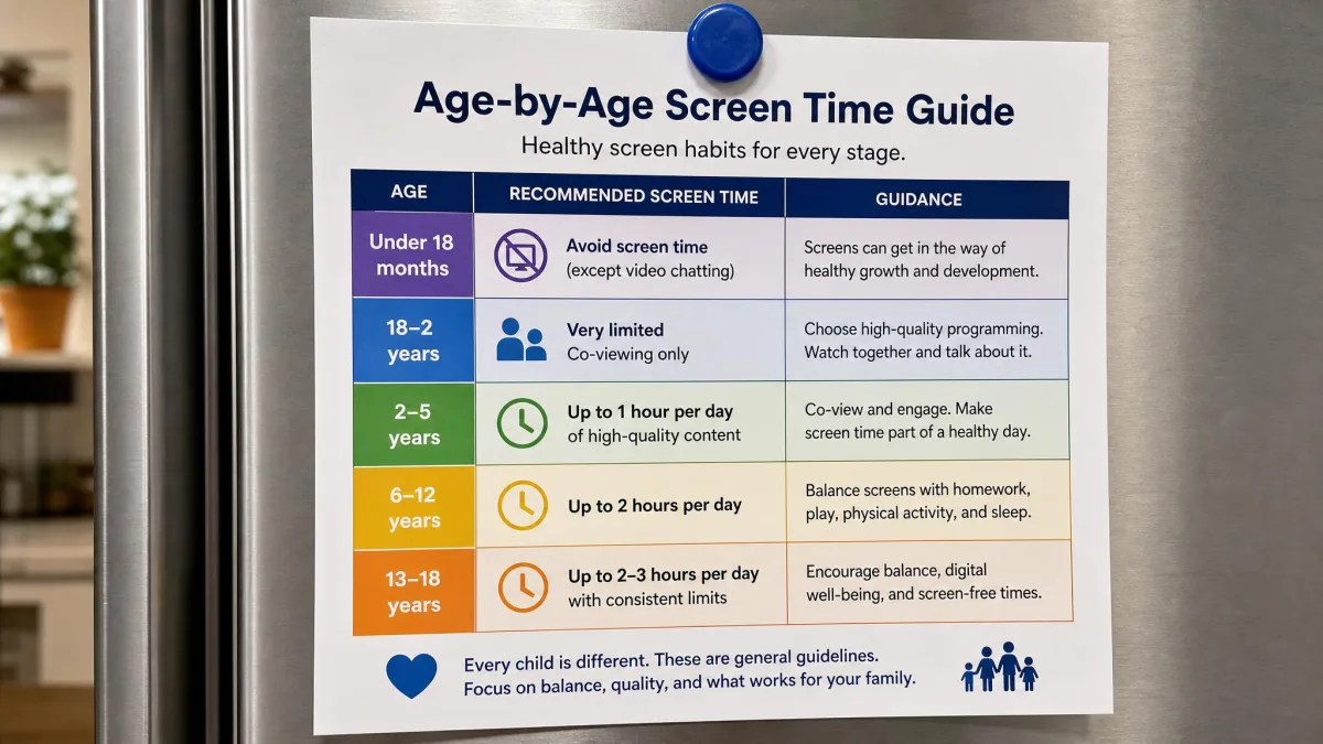 A printed age-by-age screen time chart held to a refrigerator door with a magnet, with a row for each age band.