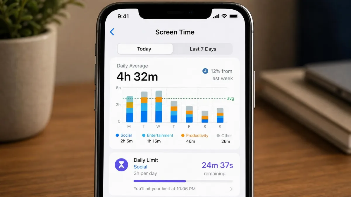 A smartphone showing a screen time dashboard with an app usage bar chart and a daily limit timer counting down.