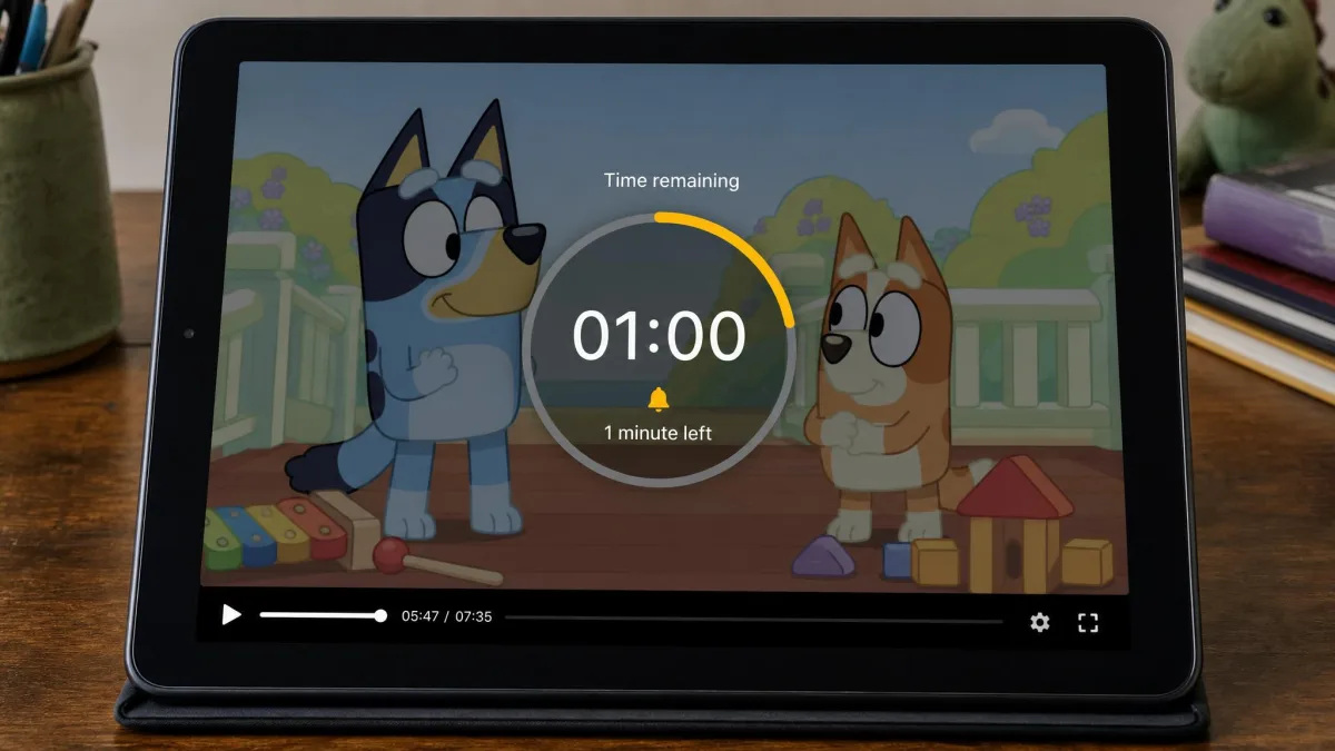 A tablet screen showing a countdown timer with one minute remaining over a paused cartoon.