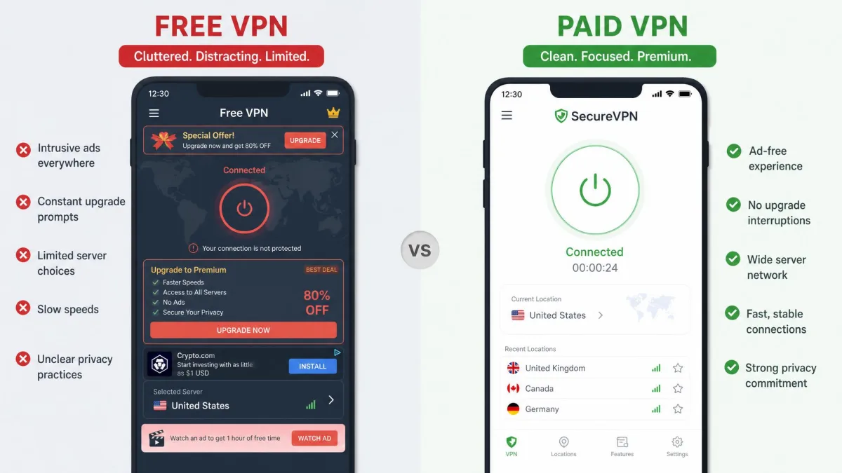 A split-screen comparison of a free VPN app cluttered with ads and upgrade prompts next to a clean paid VPN app, highlighting the difference in experience.