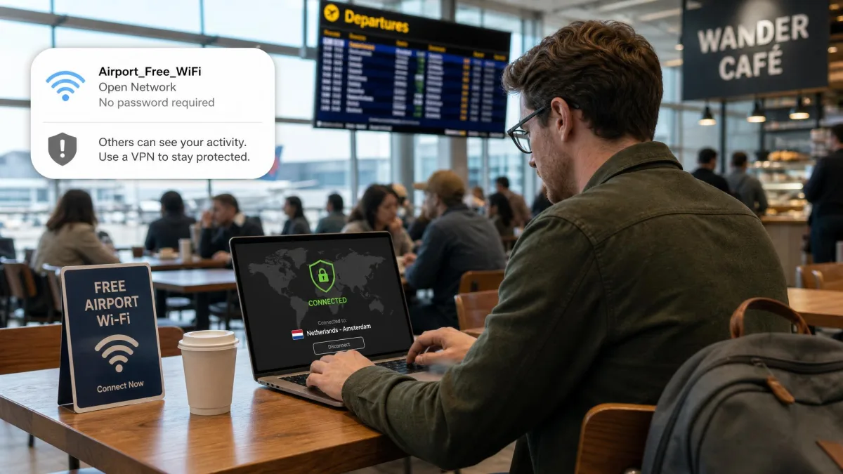 A traveler working on a laptop at a busy airport cafe, connected to open public Wi-Fi, illustrating a common situation where a VPN adds protection.