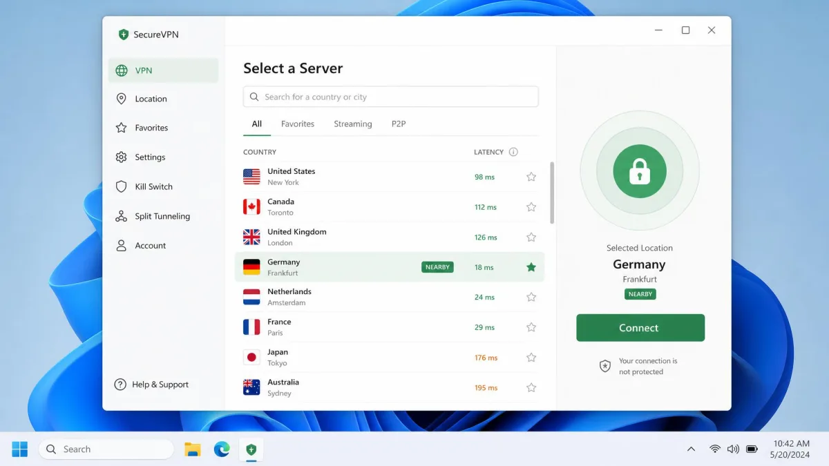 A VPN desktop app open on a server selection screen, showing a searchable list of countries and a connect button, with a nearby server highlighted.