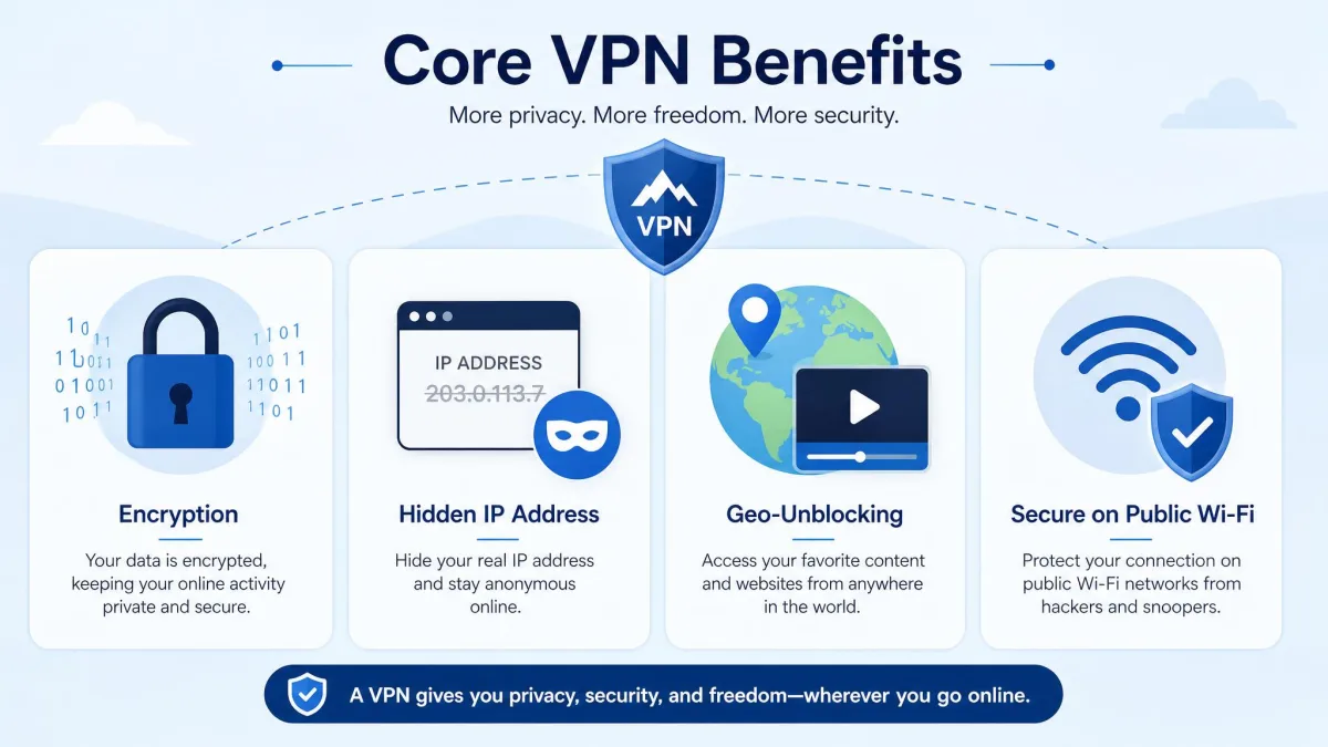 An illustrated overview of core VPN benefits, showing icons for encryption, a hidden IP address, geo-unblocking, and a shield over a public Wi-Fi symbol.