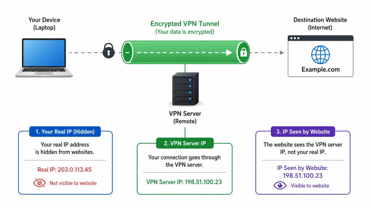 Simple diagram showing a laptop connecting through an encrypted VPN tunnel to a remote server, with the user's real IP address hidden and a new server IP shown to the destination website.