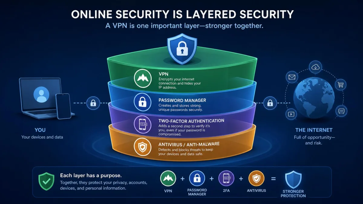 An illustration of layered online security showing a VPN alongside a password manager, two-factor authentication, and antivirus, emphasizing that a VPN is one layer among several.