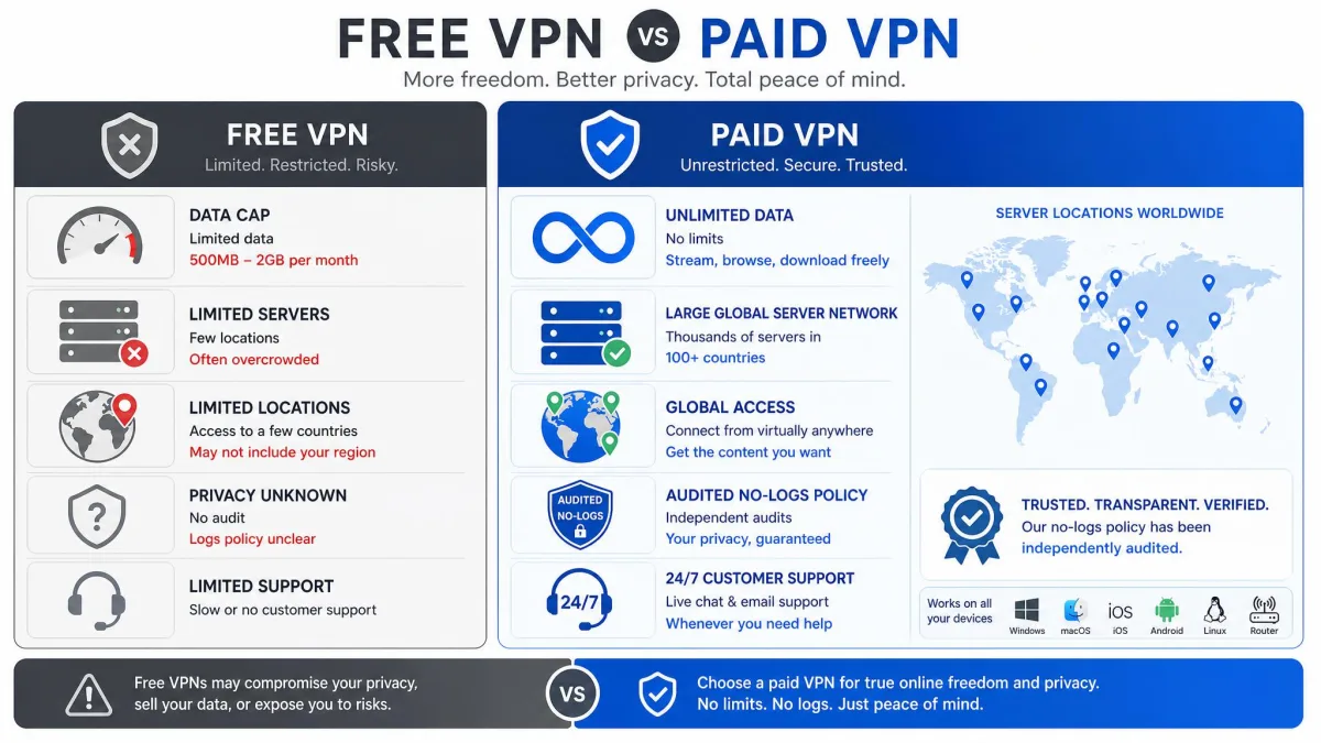 A comparison graphic contrasting a free VPN with data caps and limited servers against a paid VPN with unlimited data, a large global server map, and an audited no-logs badge.