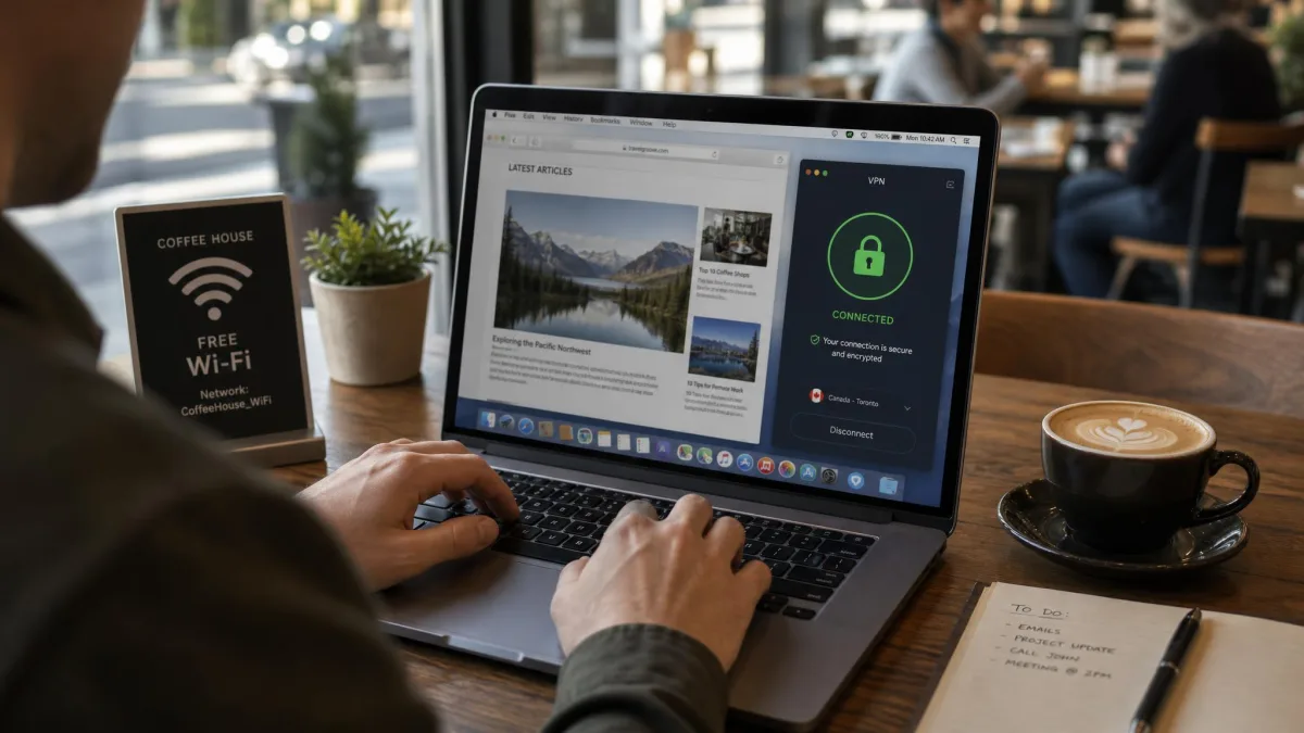 A person using a laptop on an open coffee-shop Wi-Fi network with a VPN app connected in the corner of the screen, showing a locked, encrypted connection status.