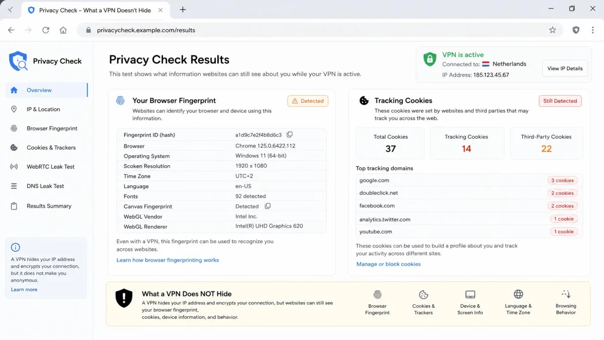 A browser privacy-check page showing a device fingerprint and tracking cookies still detected while a VPN is active, illustrating what a VPN does not hide.
