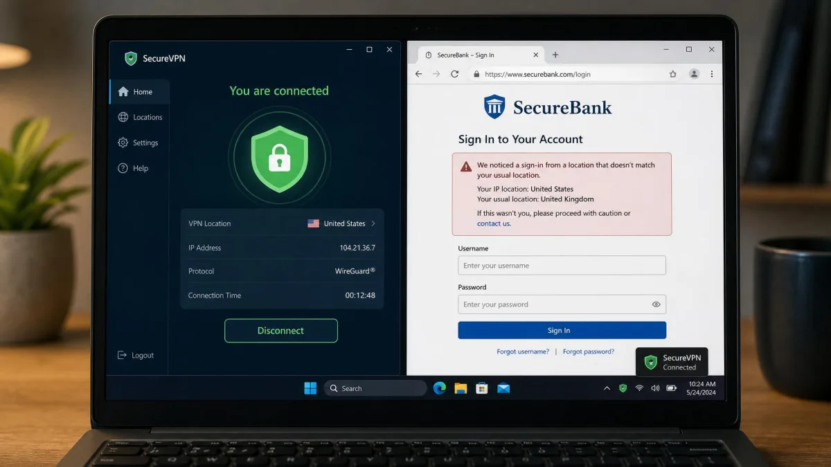 A laptop screen showing a VPN app in the connected state with a green shield icon in the system tray, next to a browser open on a banking login page displaying a location-mismatch warning.
