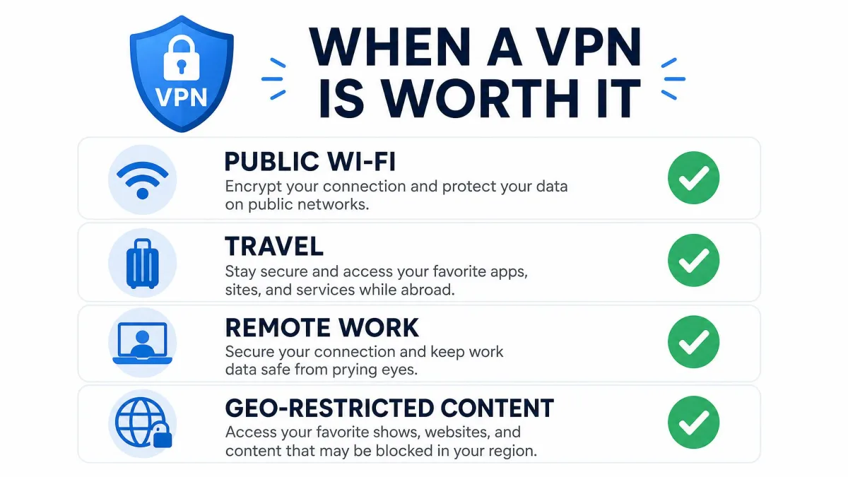 A simple checklist graphic showing situations where a VPN is worth it, such as public Wi-Fi, travel, remote work, and geo-restricted content, with checkmarks beside each.