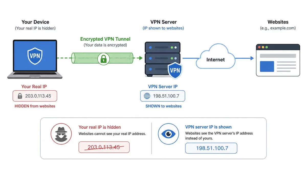 Simple diagram showing a laptop connecting through an encrypted VPN tunnel to a VPN server, then out to the wider internet, with the user's real IP address hidden and the server's IP address shown to websites.