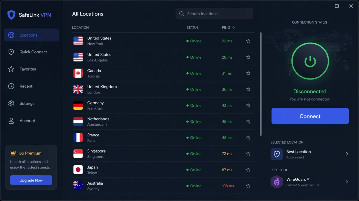 A VPN desktop app showing a scrollable list of server locations across different countries, with connection status, ping times, and a prominent connect button.