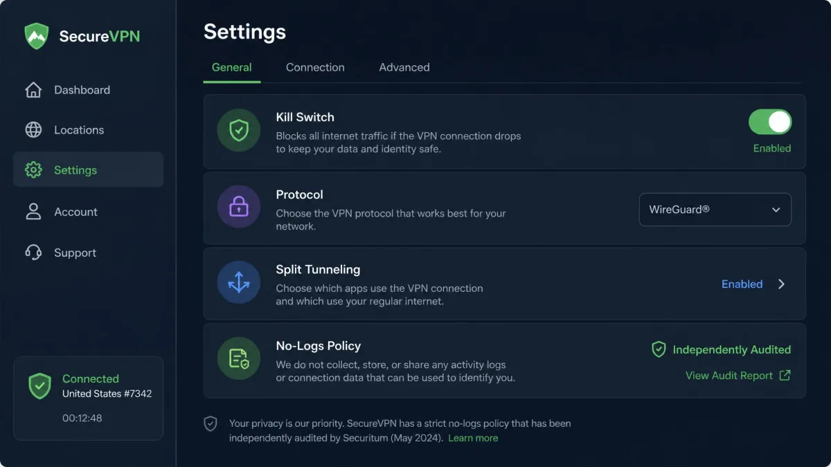 A VPN app settings screen with the kill switch toggle enabled, alongside options for protocol selection, split tunneling, and an audited no-logs policy note.