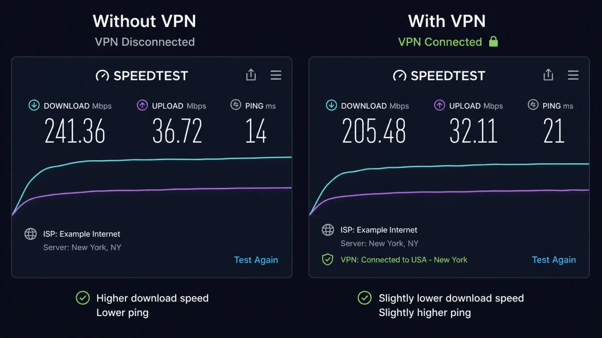 Two side-by-side internet speed test results, one without a VPN showing higher download speeds and one with a VPN connected showing a modest reduction in speed and slightly higher ping.
