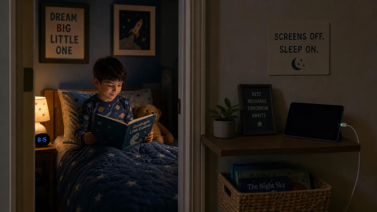 A child in pajamas reading a picture book in a dim bedroom while a tablet charges on a shelf outside the room, illustrating a screen-free bedtime.