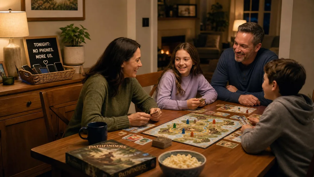 A family playing a board game at the dining table in the evening, with phones face-down in a basket on the sideboard, showing an off-screen alternative in action.