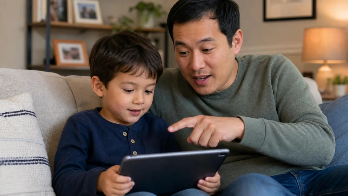 A young child watching an age-appropriate show on a tablet beside a parent on the couch, with the parent pointing at the screen and talking through what is happening.