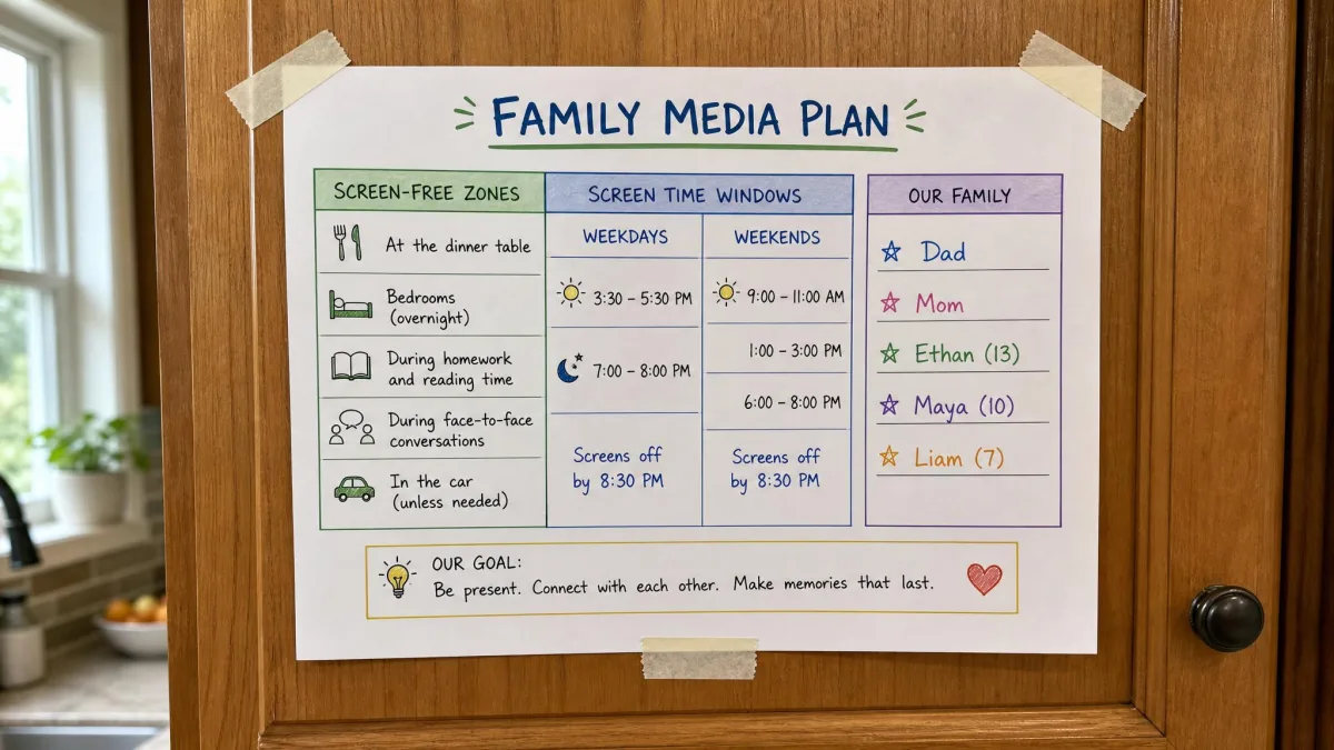A printed family media plan chart taped to a kitchen cabinet, listing screen-free zones, screen time windows, and each family member's name in handwriting.