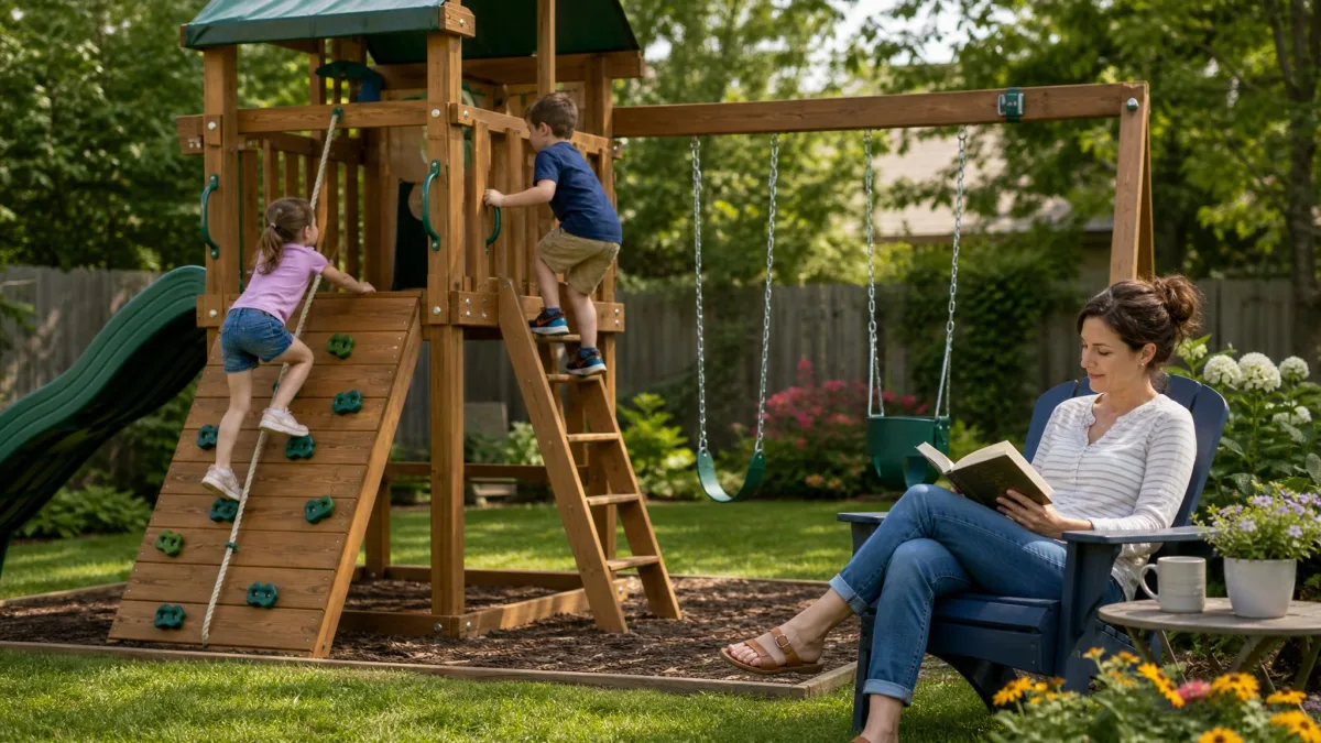 Two children climbing on a backyard playset while a parent sits nearby reading, with no phones or tablets anywhere in the scene.