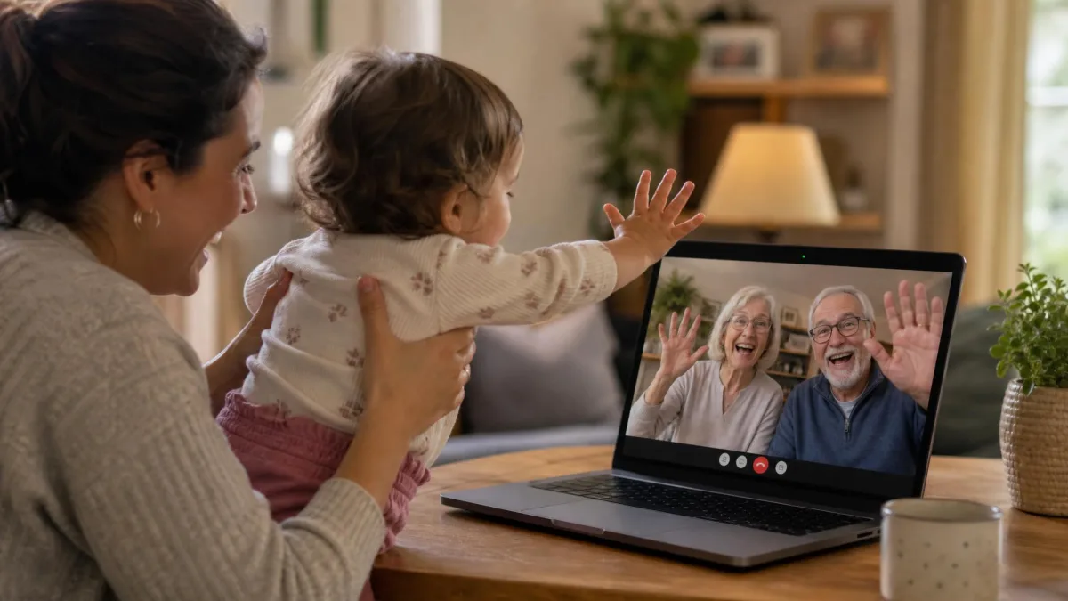 A parent holding a toddler up to a laptop video call with grandparents waving on the screen, illustrating interactive video-chatting that sits outside normal screen limits.