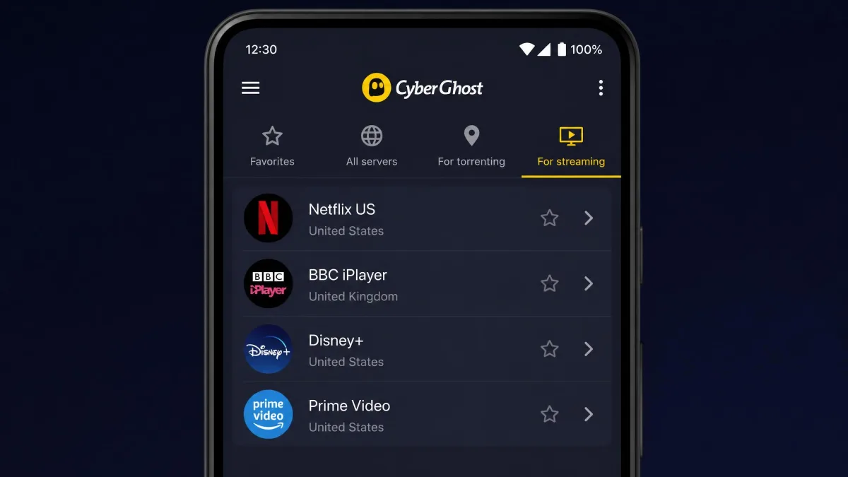 CyberGhost's Android app showing the "For streaming" server tab with entries labeled Netflix US, BBC iPlayer, Disney+ and Prime Video.