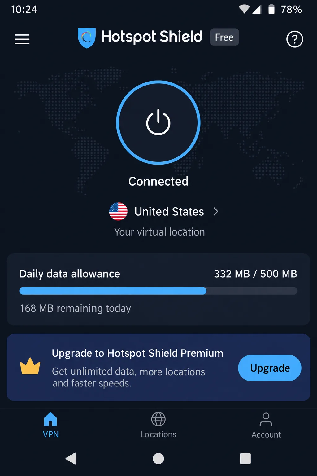 Hotspot Shield's free Android app connected to its single US location, with the daily data allowance meter and an upgrade banner below the connect button.