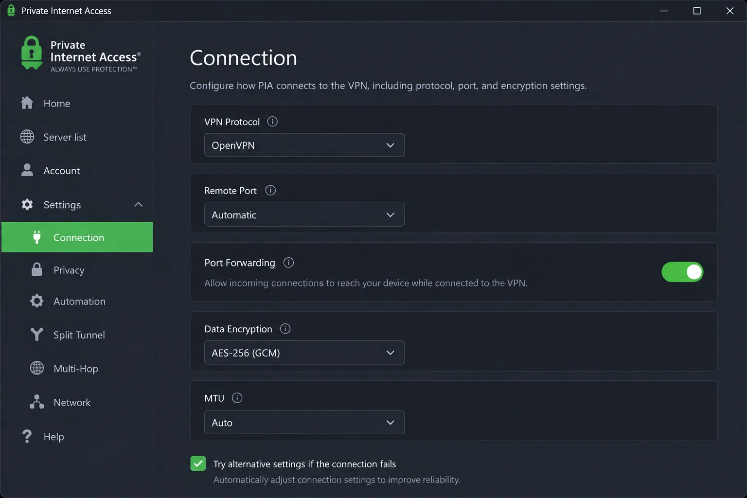 Private Internet Access Windows app on the Connection settings tab showing the port forwarding toggle and the AES-256 encryption dropdown.