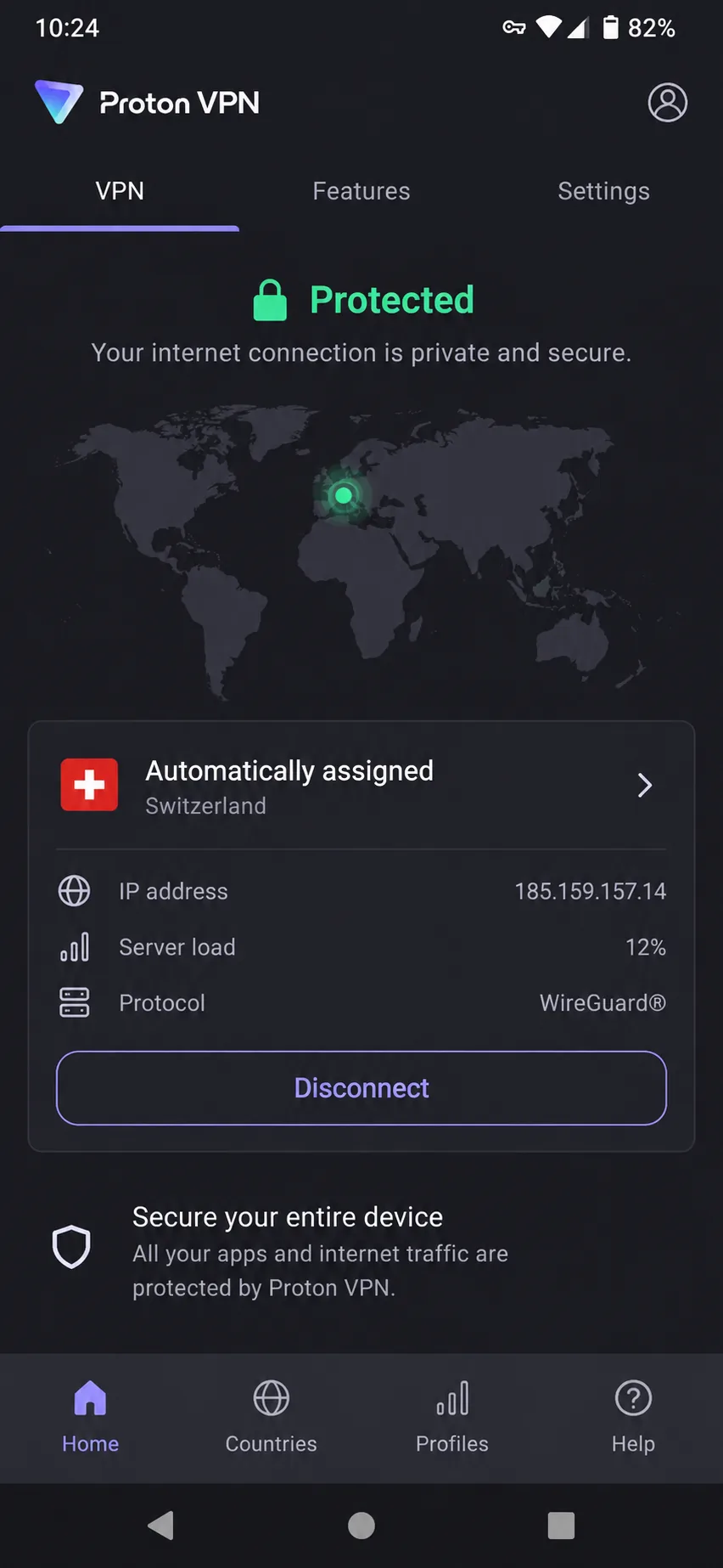 Proton VPN's Android app on the free plan, connected to an automatically assigned server with a green protected status and no ad on screen.