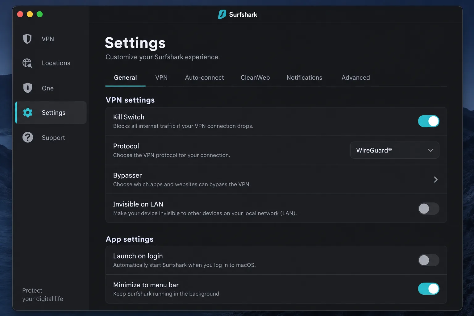 Surfshark's macOS app settings panel with the kill switch toggle switched on and the WireGuard protocol selected.