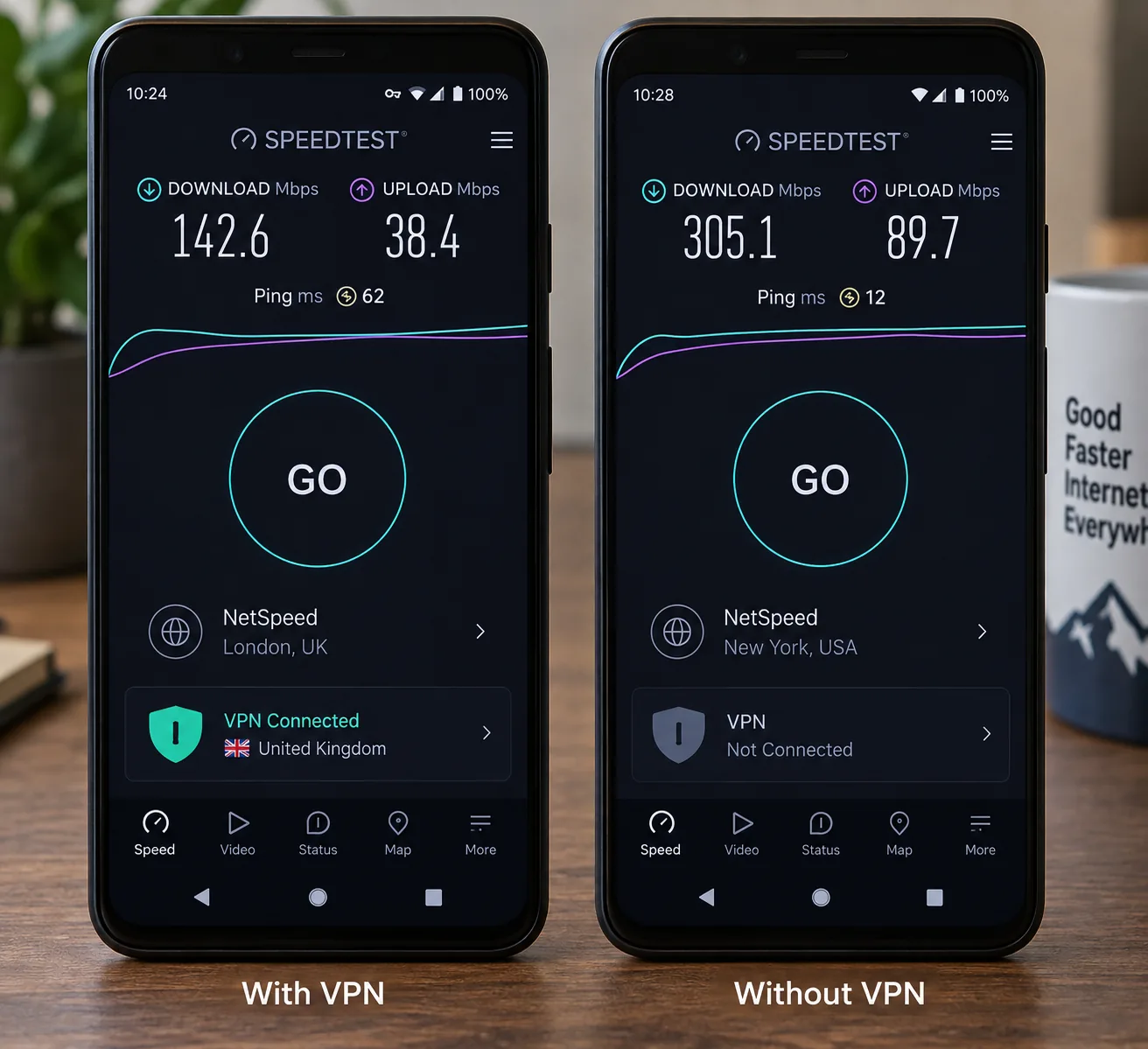 A speed test app on an Android phone showing download, upload and ping results with a VPN connected next to the same test run without the VPN.