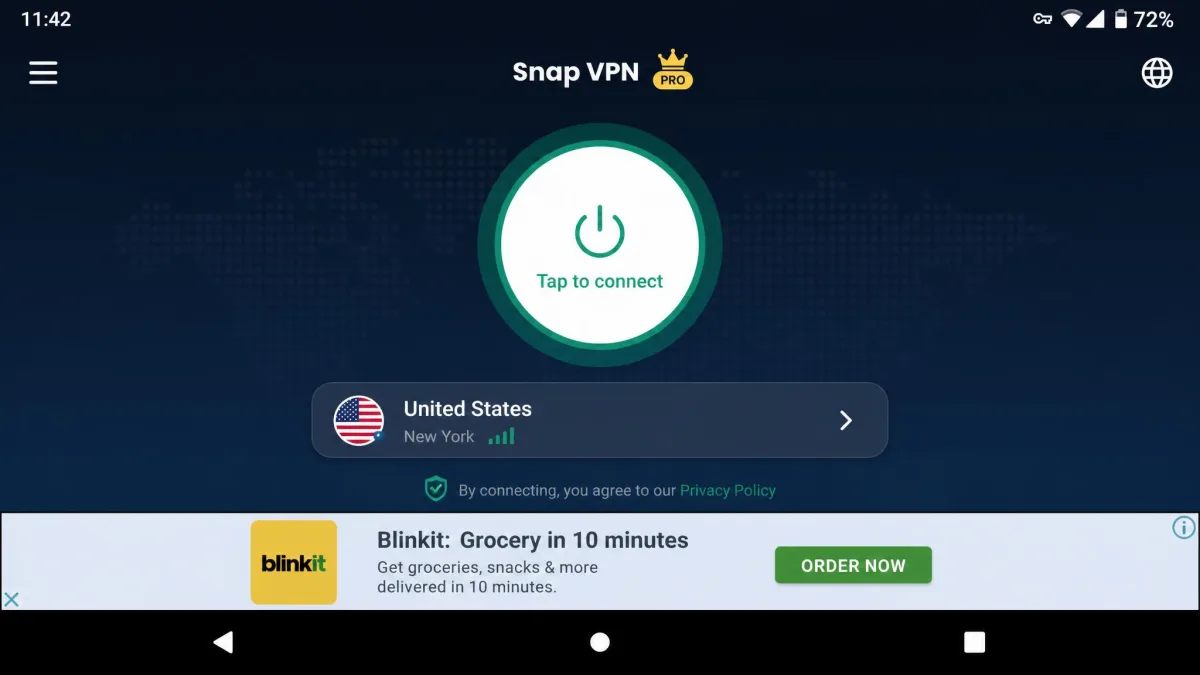 Snap VPN's main Android connect screen showing the large tap-to-connect button, a selected server location, and a banner ad along the bottom edge.