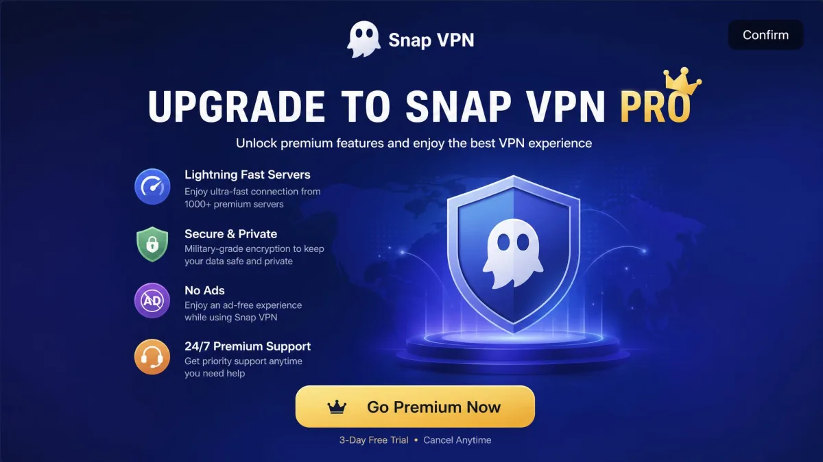 Snap VPN showing a full-screen pop-up advertisement that appears when the user attempts to disconnect, with a small confirm button in the corner.
