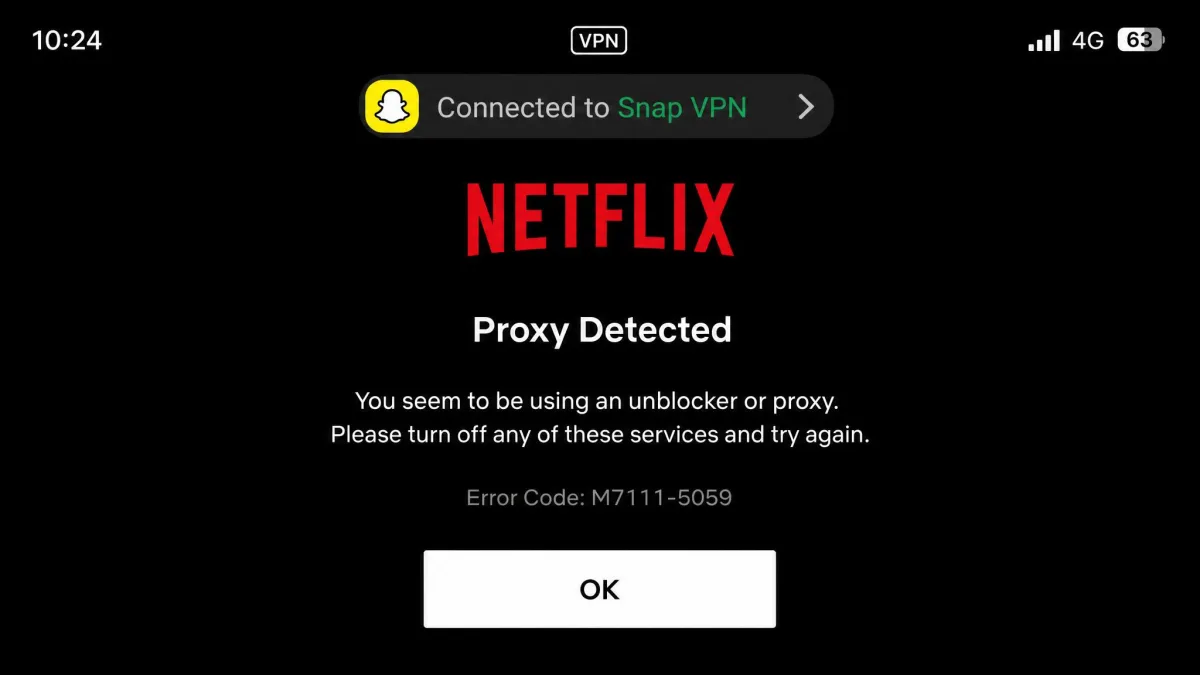 A Netflix proxy error message on a mobile screen while connected through Snap VPN, showing the streaming service blocking the VPN connection.