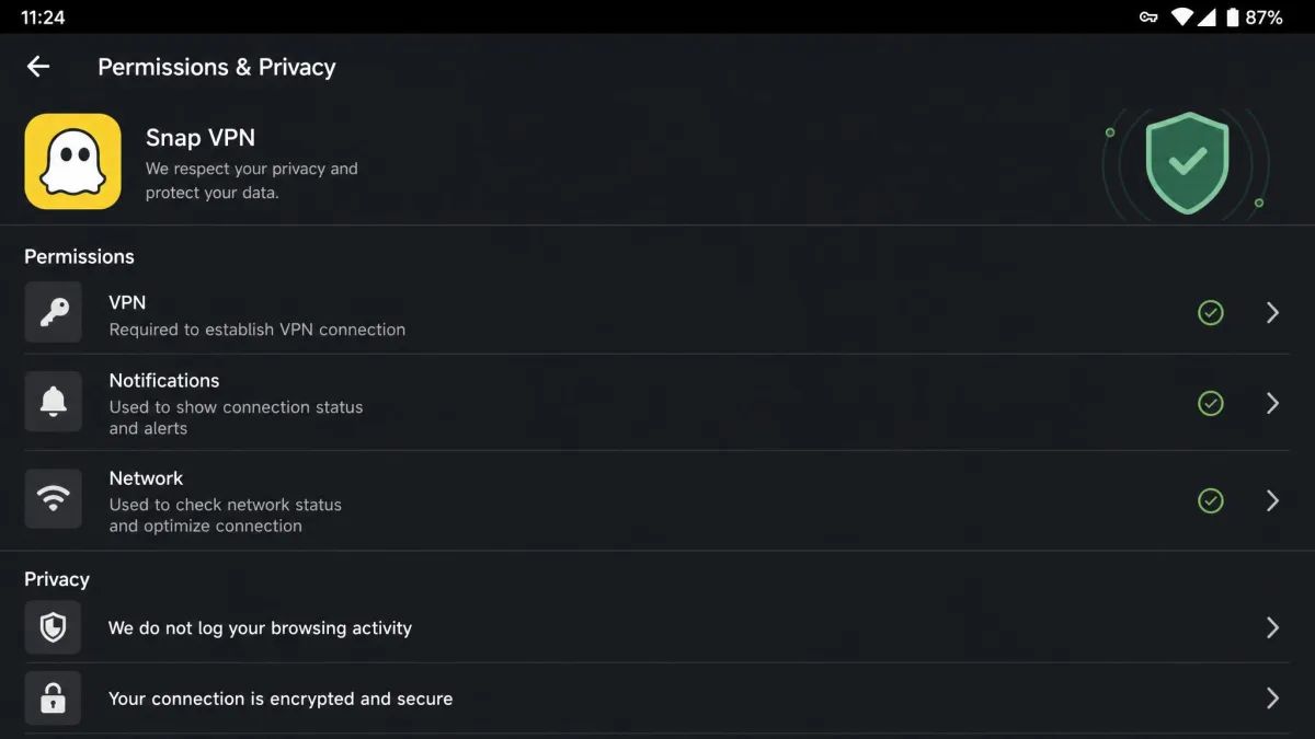 Snap VPN's Android app permissions and privacy settings screen, with no visible link to a detailed privacy policy document.