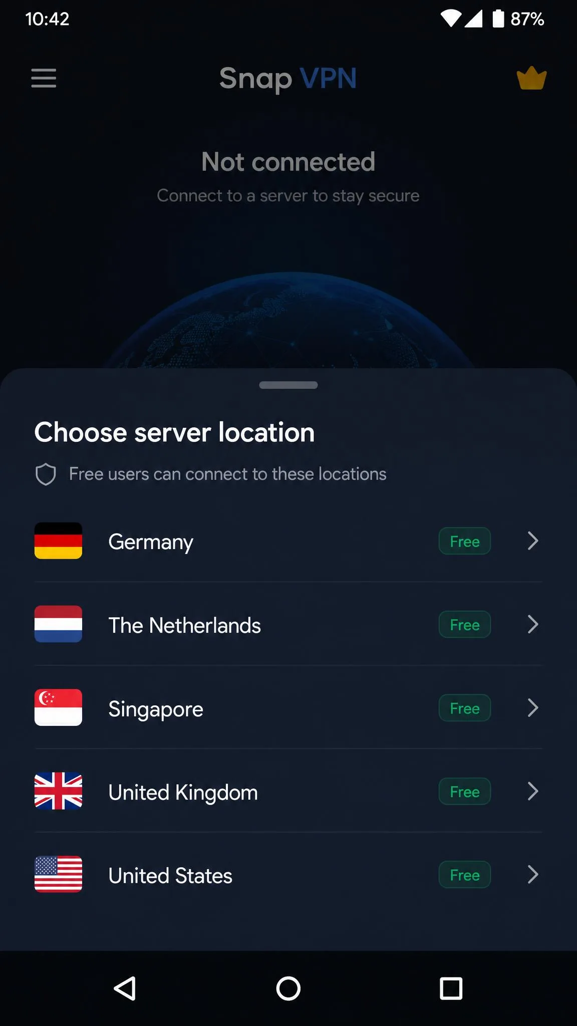 Snap VPN's server location picker on Android showing a short free-tier list with countries such as Germany, the Netherlands, Singapore, the UK, and the US.