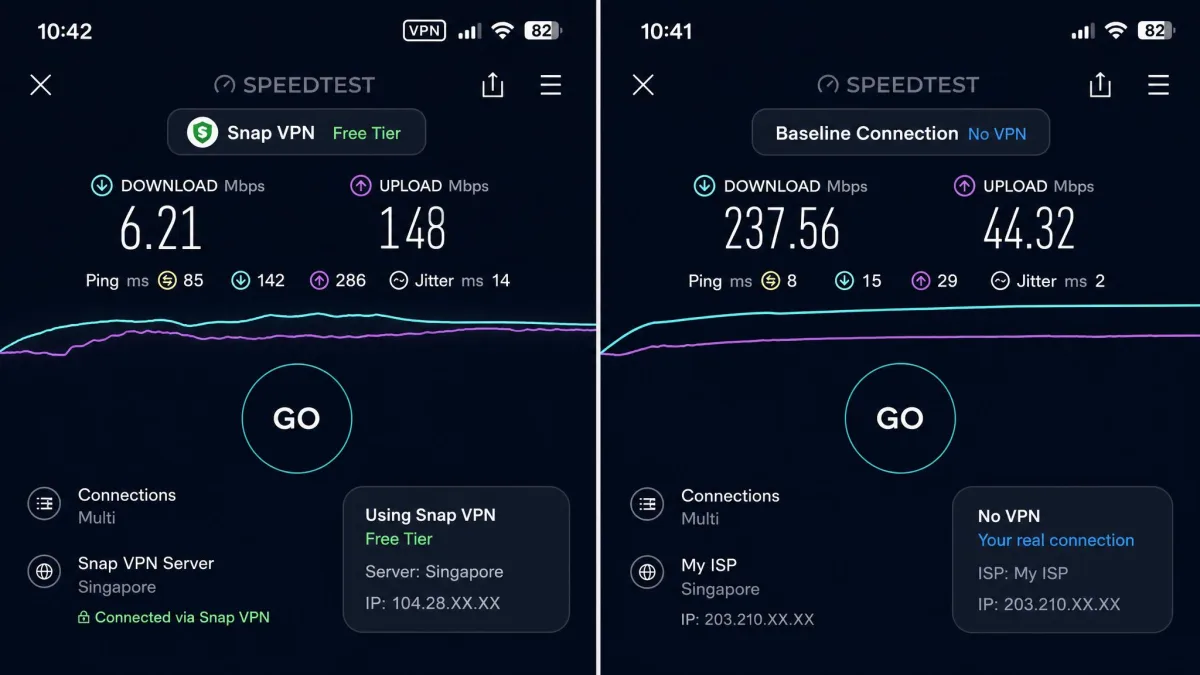 A mobile speed test running over Snap VPN's free tier showing single-digit megabit download speeds compared with a much faster baseline connection.