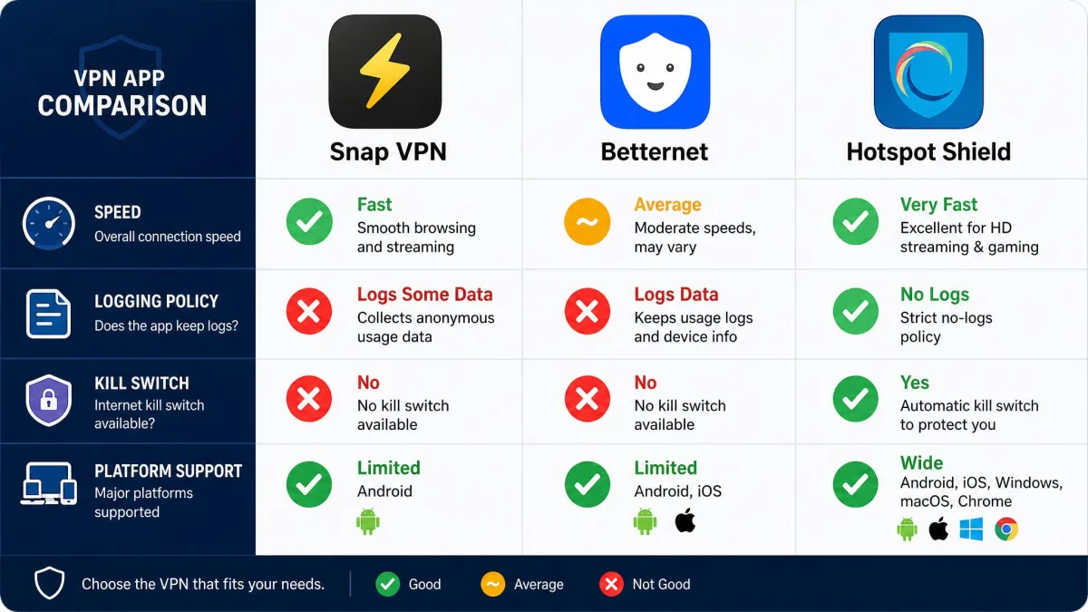 Side-by-side comparison of Snap VPN, Betternet, and Hotspot Shield app icons with checkmarks and crosses across speed, logging, kill switch, and platform support.