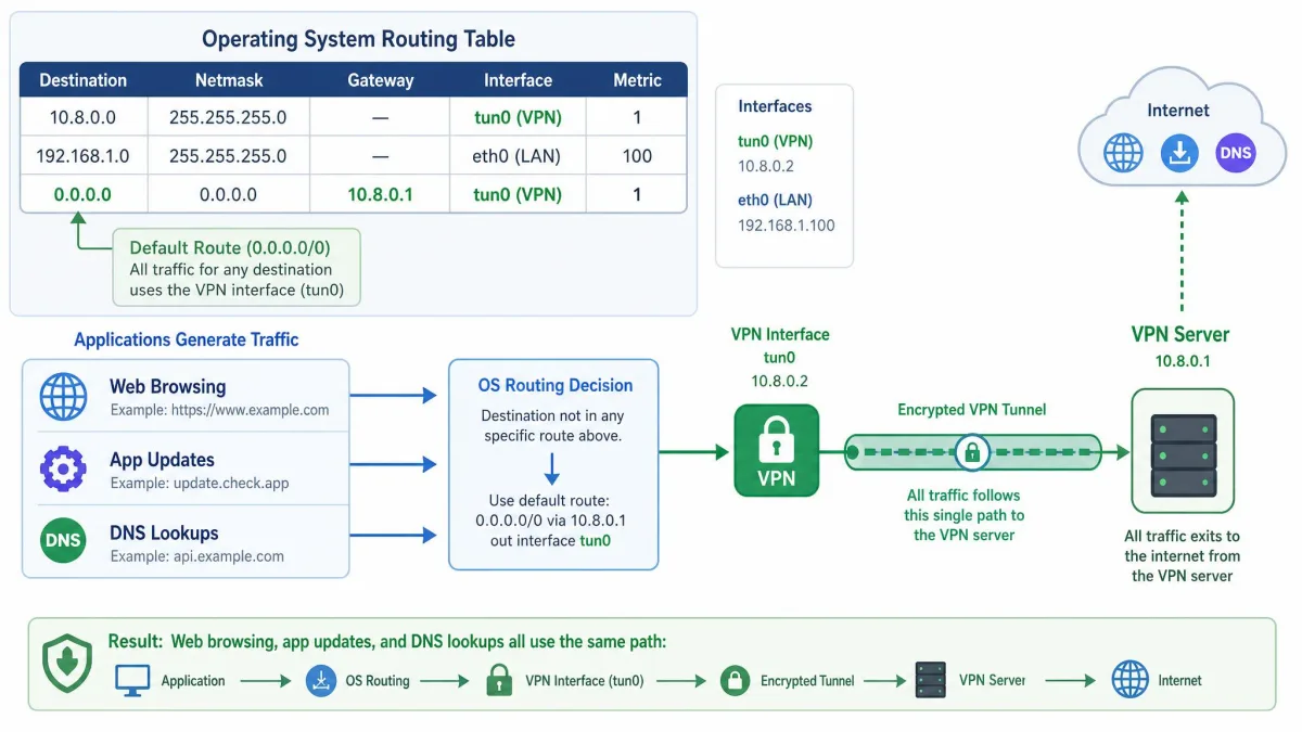 A diagram of an operating system routing table with the default route pointing at the VPN interface, showing browsing, app updates, and DNS lookups all following one path to the VPN server.