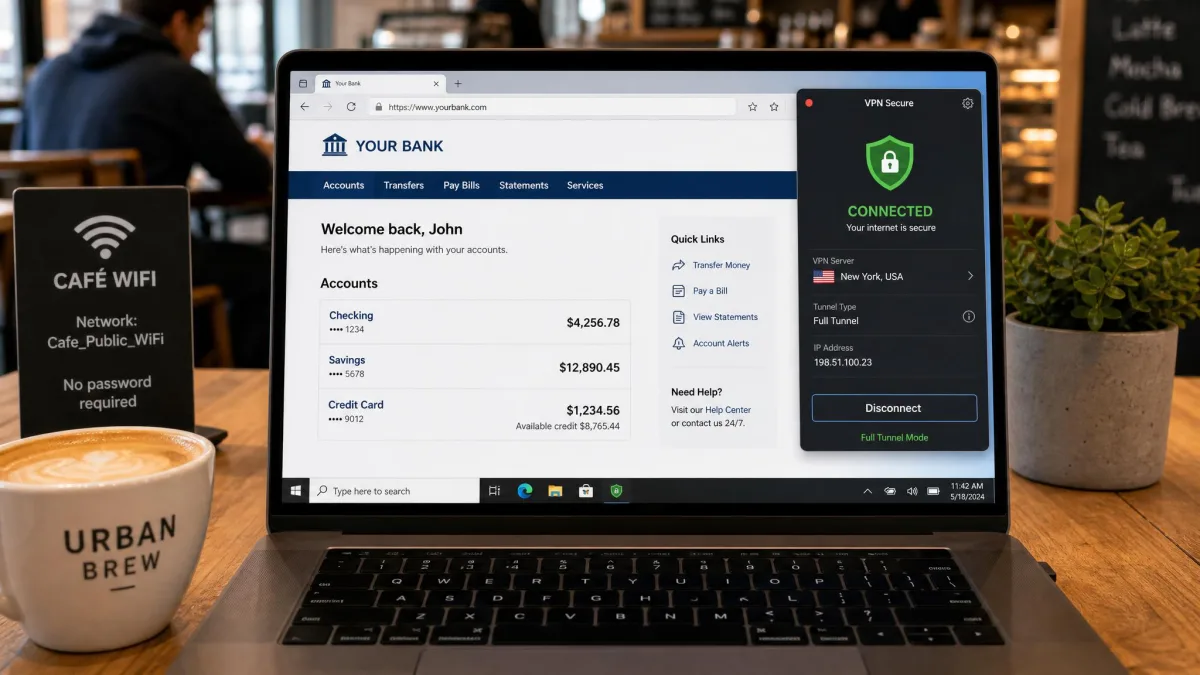 A laptop connected to a caf&eacute; public Wi-Fi network showing a VPN client set to full tunnel mode with a banking site open in the browser.