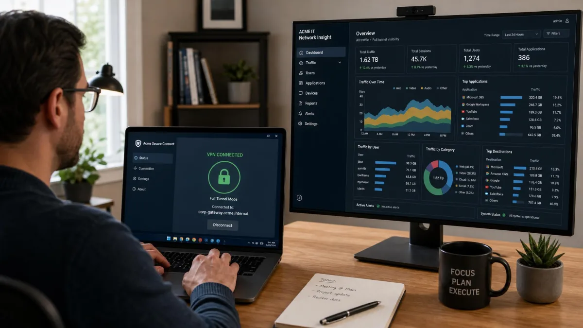 A remote worker on a company laptop with a managed VPN client set to full tunnel mode, an IT dashboard visible on a second monitor showing complete traffic visibility.