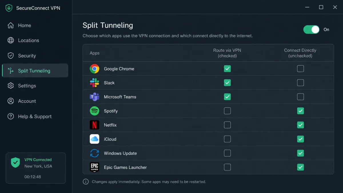 A VPN client settings screen with a split tunneling toggle enabled and a list of installed apps, each with a checkbox showing which apps route through the VPN and which connect directly.